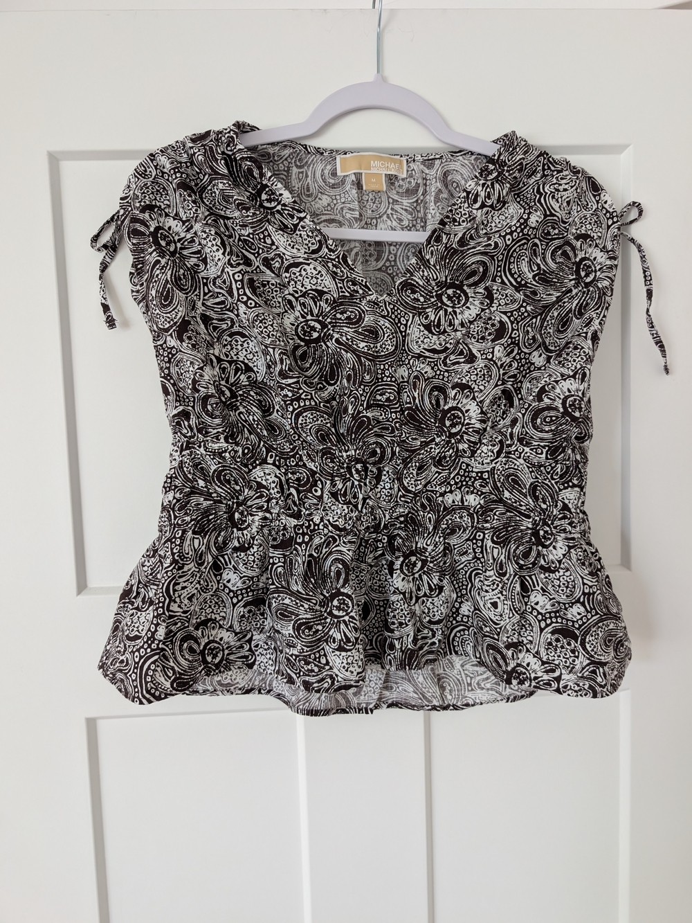 Michael Kors Brown & Cream Paisley Floral Peplum Blouse Size Medium